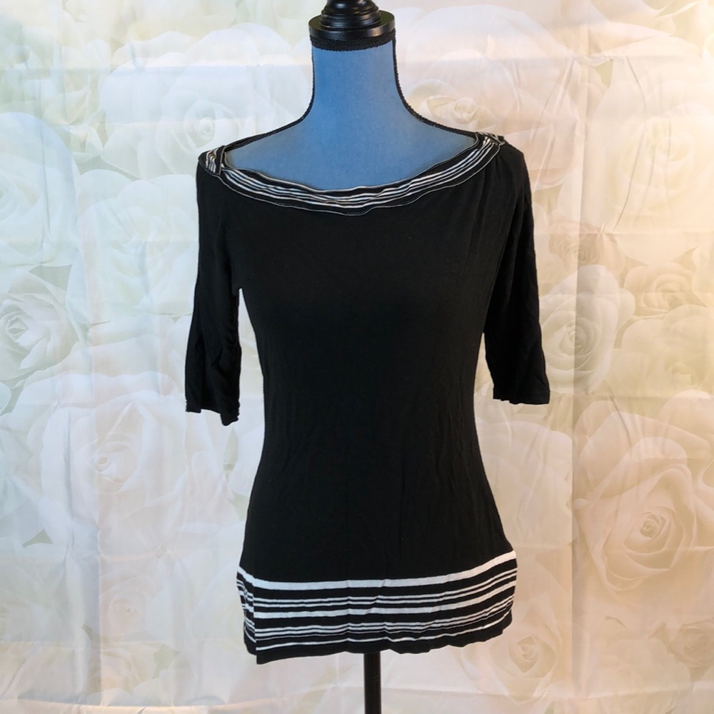 LRL Jeans black boatneck tee w striped trim
